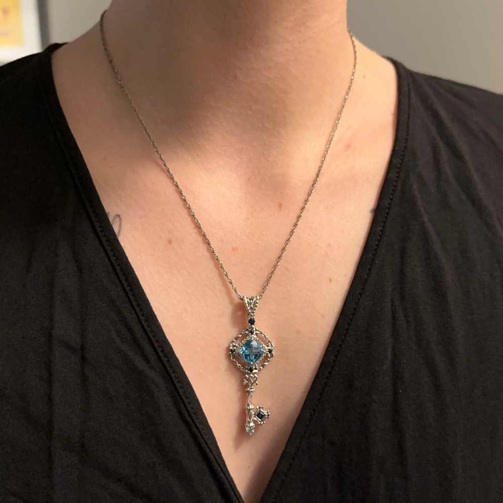 Sapphires and Blue Topaz stones Silver Necklace 18” chain